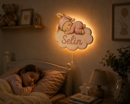 Kişiye Özel İsimli Uyuyan Tavşan LED Ahşap Gece Lambası