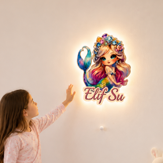 Kişiye Özel İsimli Denizkızı  LED Ahşap Gece Lambası