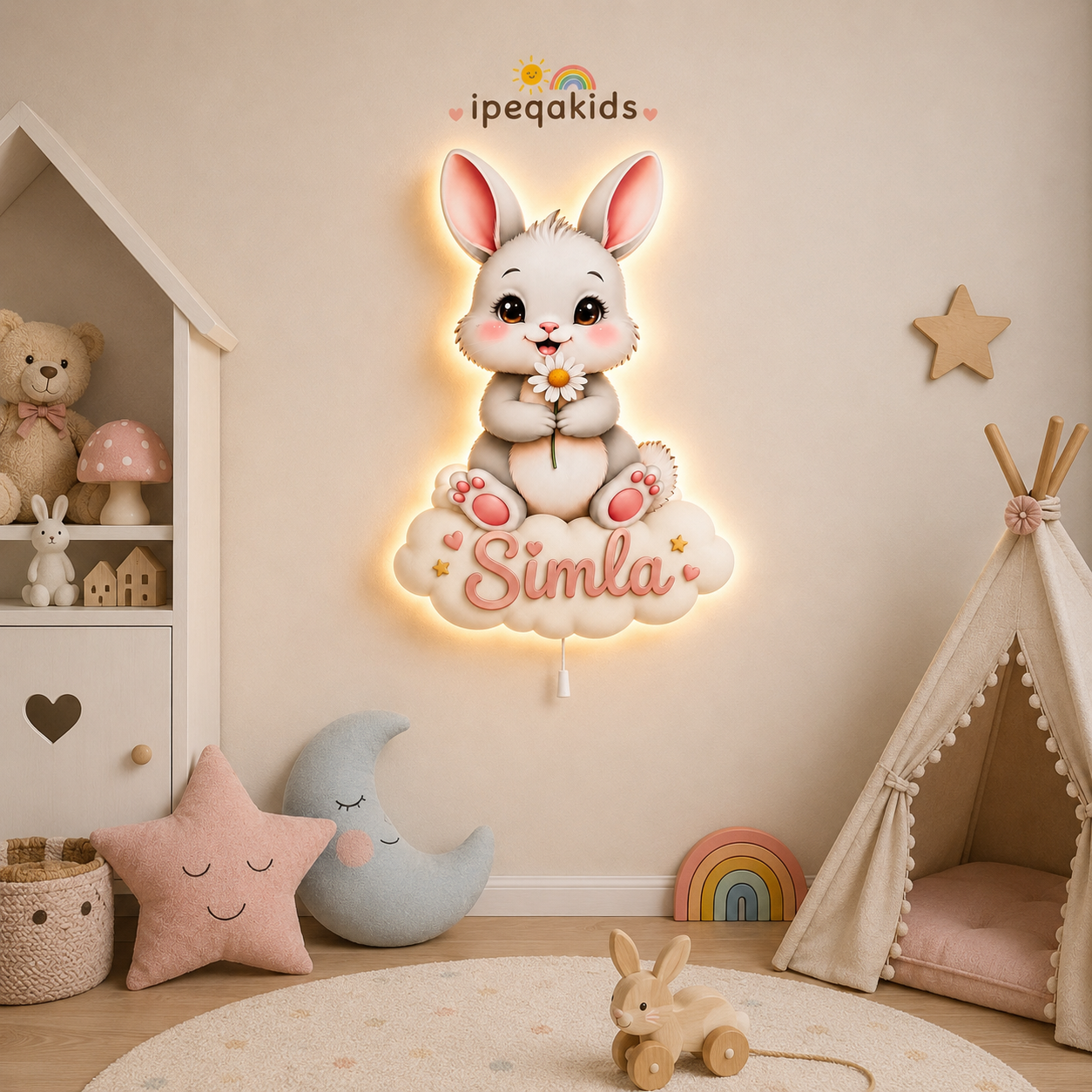 Kişiye Özel İsimli Bulutlu Tavşan LED Ahşap Gece Lambası