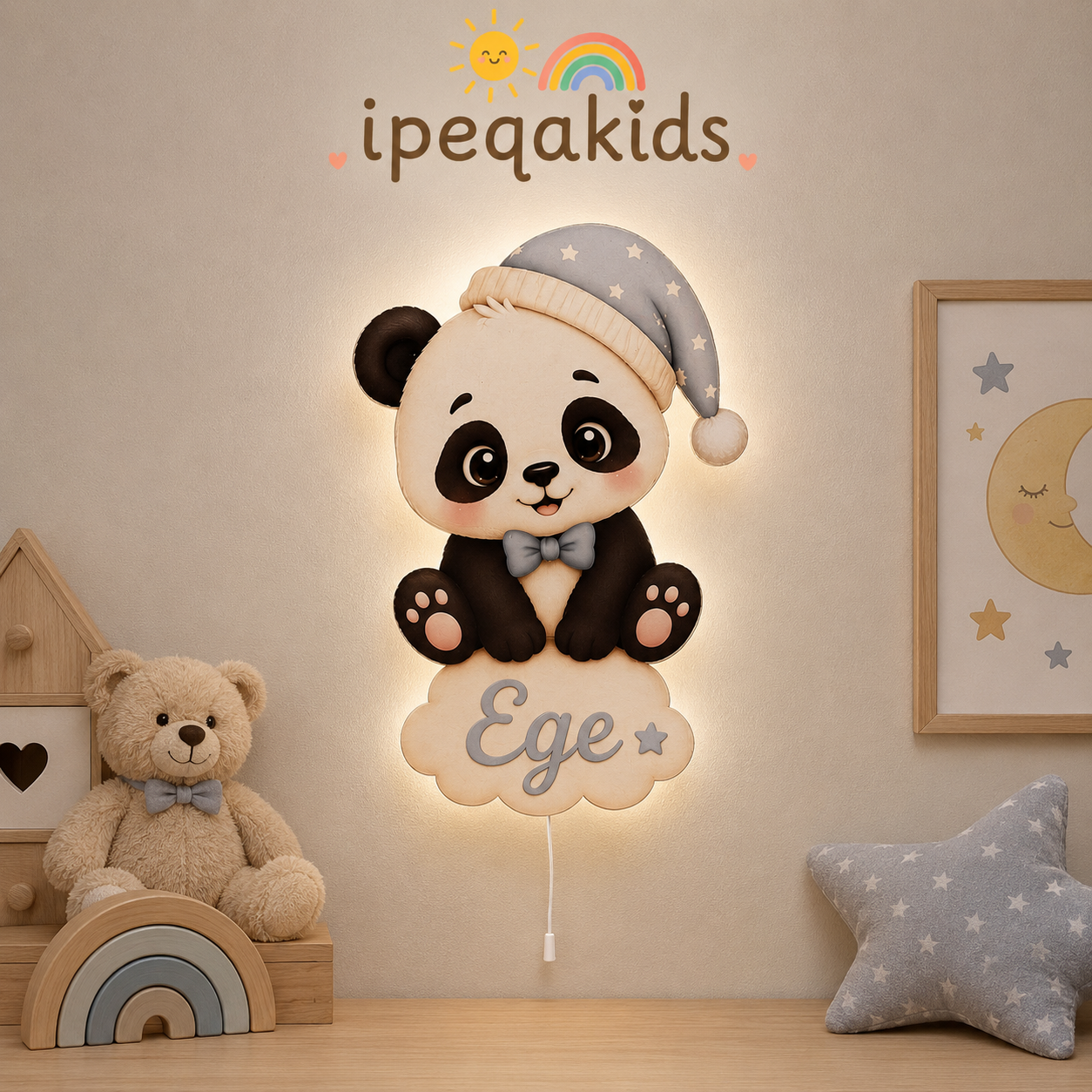 Kişiye Özel İsimli Panda LED Ahşap Gece Lambası