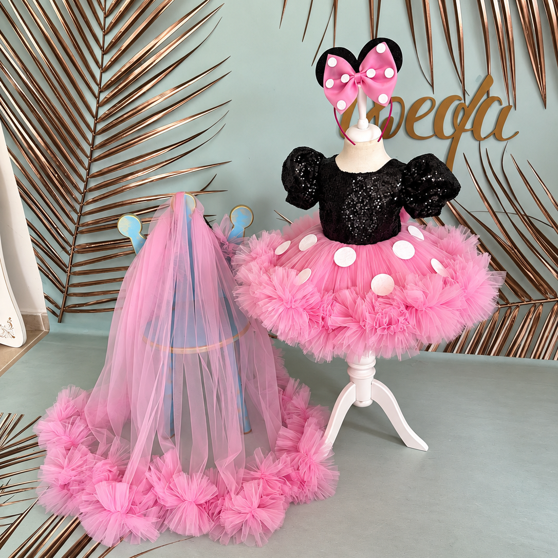 Pembe Kız Çocuk Mickey Mouse Kostümü TAÇ DAHİL- Çocuk Abiye Elbise -ipeqakids