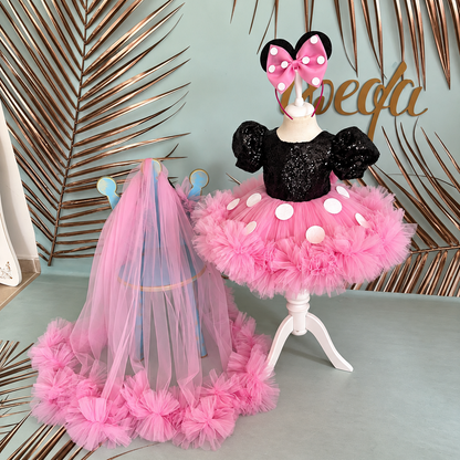 Pembe Kız Çocuk Mickey Mouse Kostümü TAÇ DAHİL- Çocuk Abiye Elbise -ipeqakids