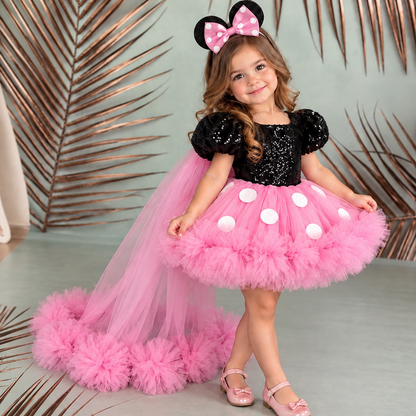 Pembe Kız Çocuk Mickey Mouse Kostümü TAÇ DAHİL- Çocuk Abiye Elbise -ipeqakids
