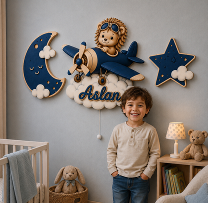 Kişiye Özel İsimli Mavi Aslan Uçak 3’lü LED Ahşap Gece Lambası