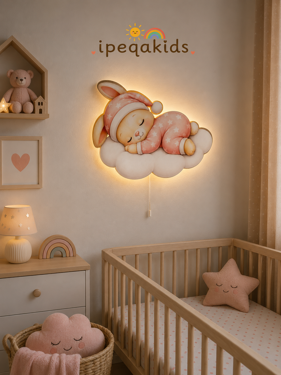 Uyuyan Pembe Tavşan Led Işıklı Bebek Odası Ahşap Duvar Dekoru - Gece Lambası