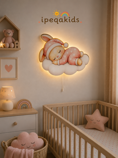 Uyuyan Pembe Tavşan Led Işıklı Bebek Odası Ahşap Duvar Dekoru - Gece Lambası