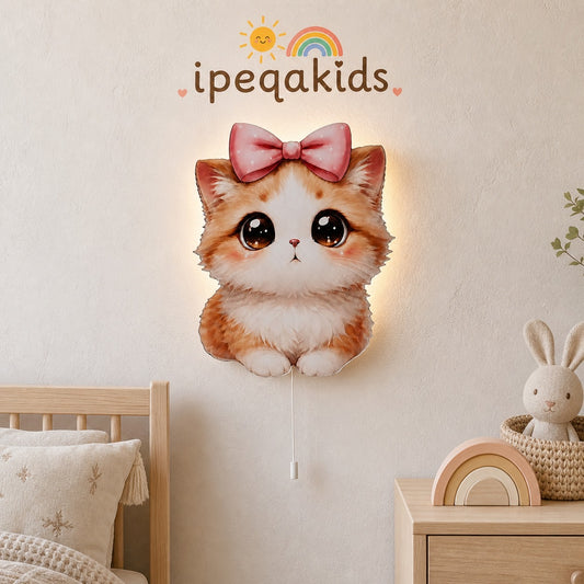Masum Kedicik Led Işıklı Bebek Odası Ahşap Duvar Dekoru - Gece Lambası