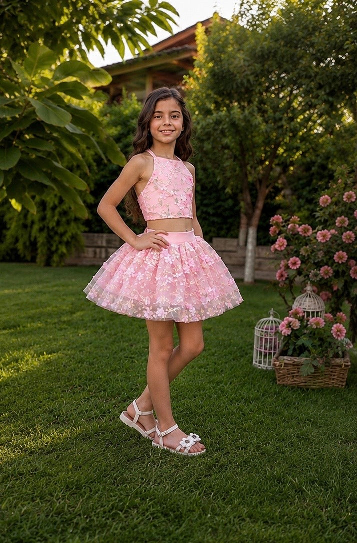 Pudra Pembe Çiçekli Kız Çocuk Crop Etek Takım - Bebek Doğum Günü Elbisesi - ipeqakids