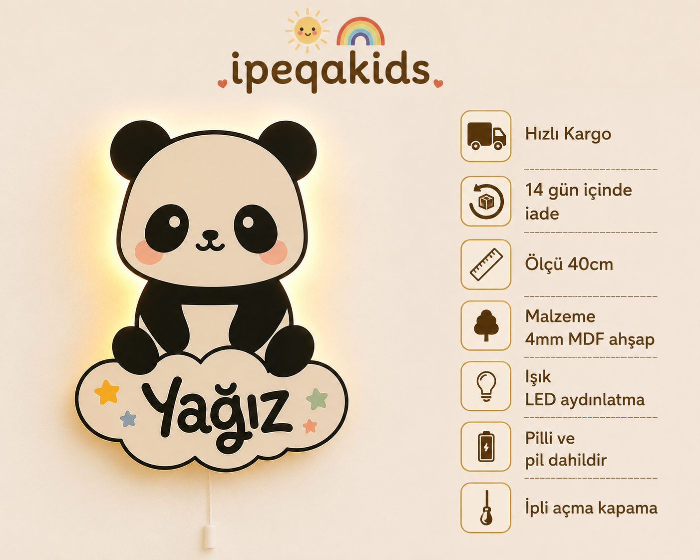 Kişiye Özel İsimli Panda LED Ahşap Gece Lambası
