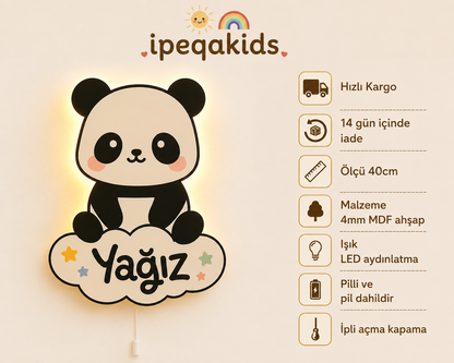 Kişiye Özel İsimli Panda LED Ahşap Gece Lambası