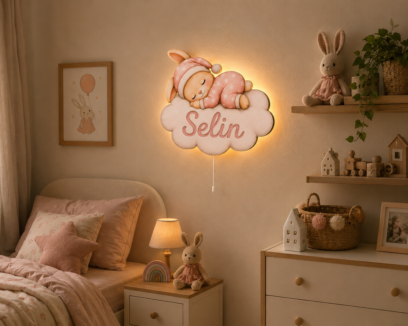 Kişiye Özel İsimli Uyuyan Tavşan LED Ahşap Gece Lambası