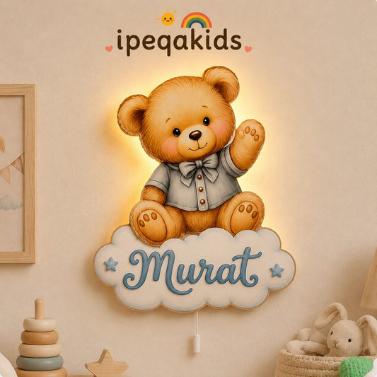 Kişiye Özel İsimli Bulutlu Ayıcık LED Ahşap Gece Lambası