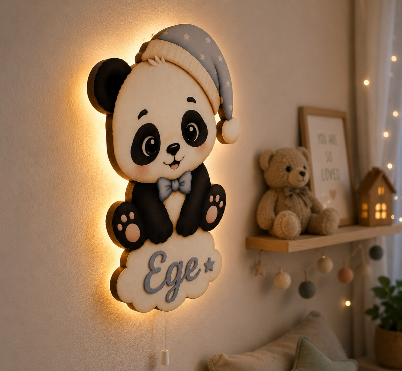 Kişiye Özel İsimli Panda LED Ahşap Gece Lambası