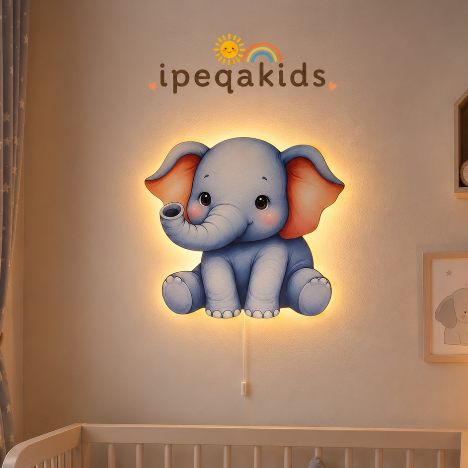 Mavi Fil Led Işıklı Bebek Odası Ahşap Duvar Dekoru - Gece Lambası