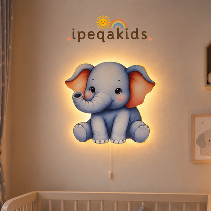 Mavi Fil Led Işıklı Bebek Odası Ahşap Duvar Dekoru - Gece Lambası