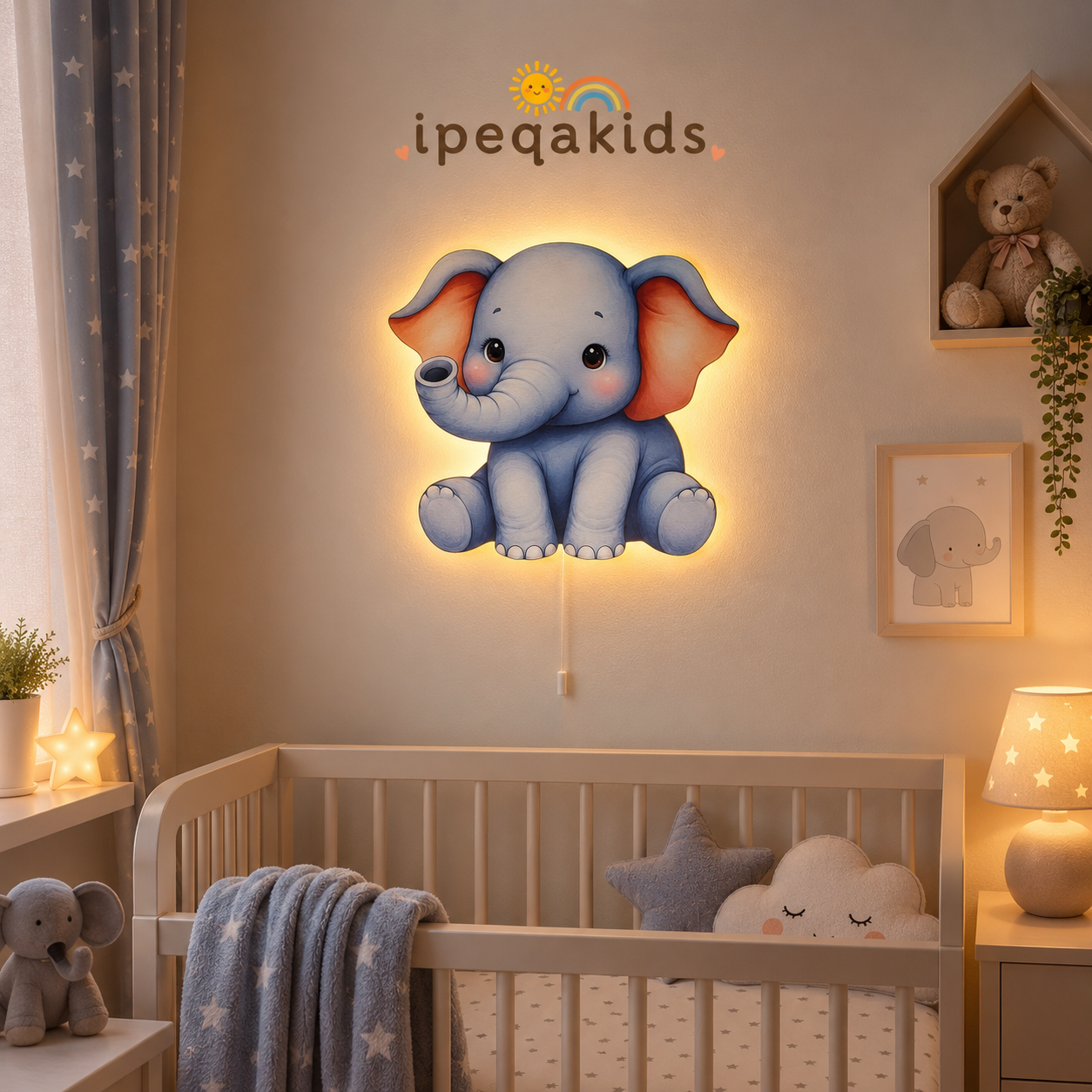 Mavi Fil Led Işıklı Bebek Odası Ahşap Duvar Dekoru - Gece Lambası