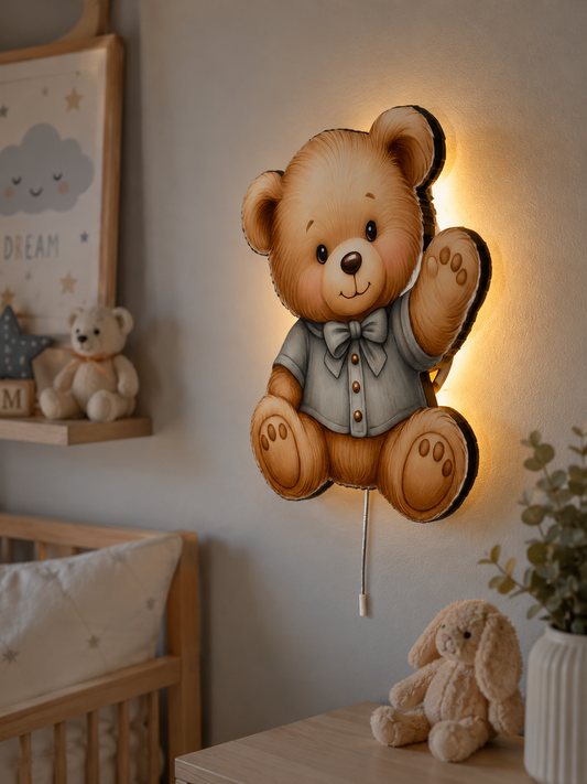 Gömlekli Ayıcık Led Işıklı Bebek Odası Ahşap Duvar Dekoru - Gece Lambası