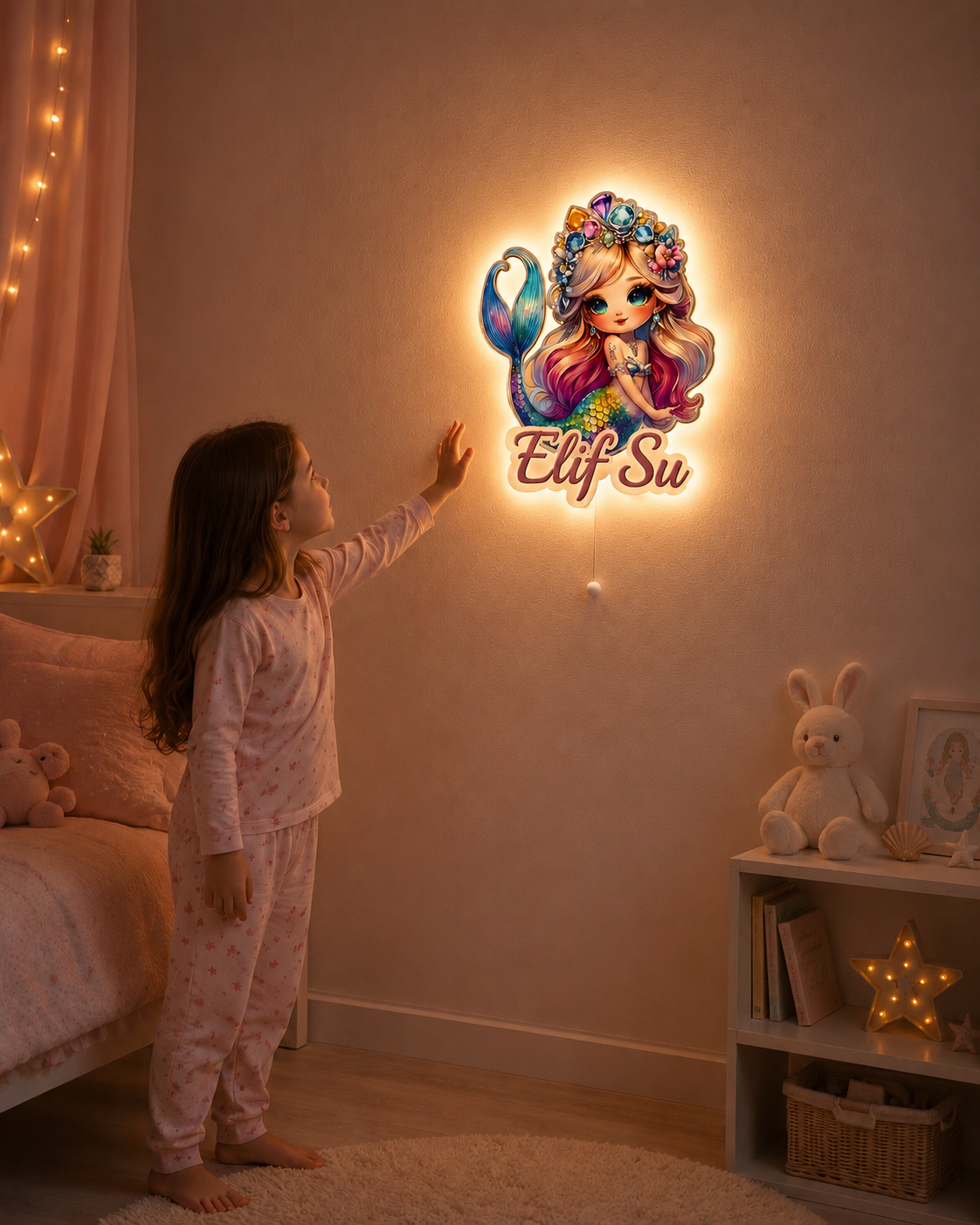 Kişiye Özel İsimli Denizkızı  LED Ahşap Gece Lambası