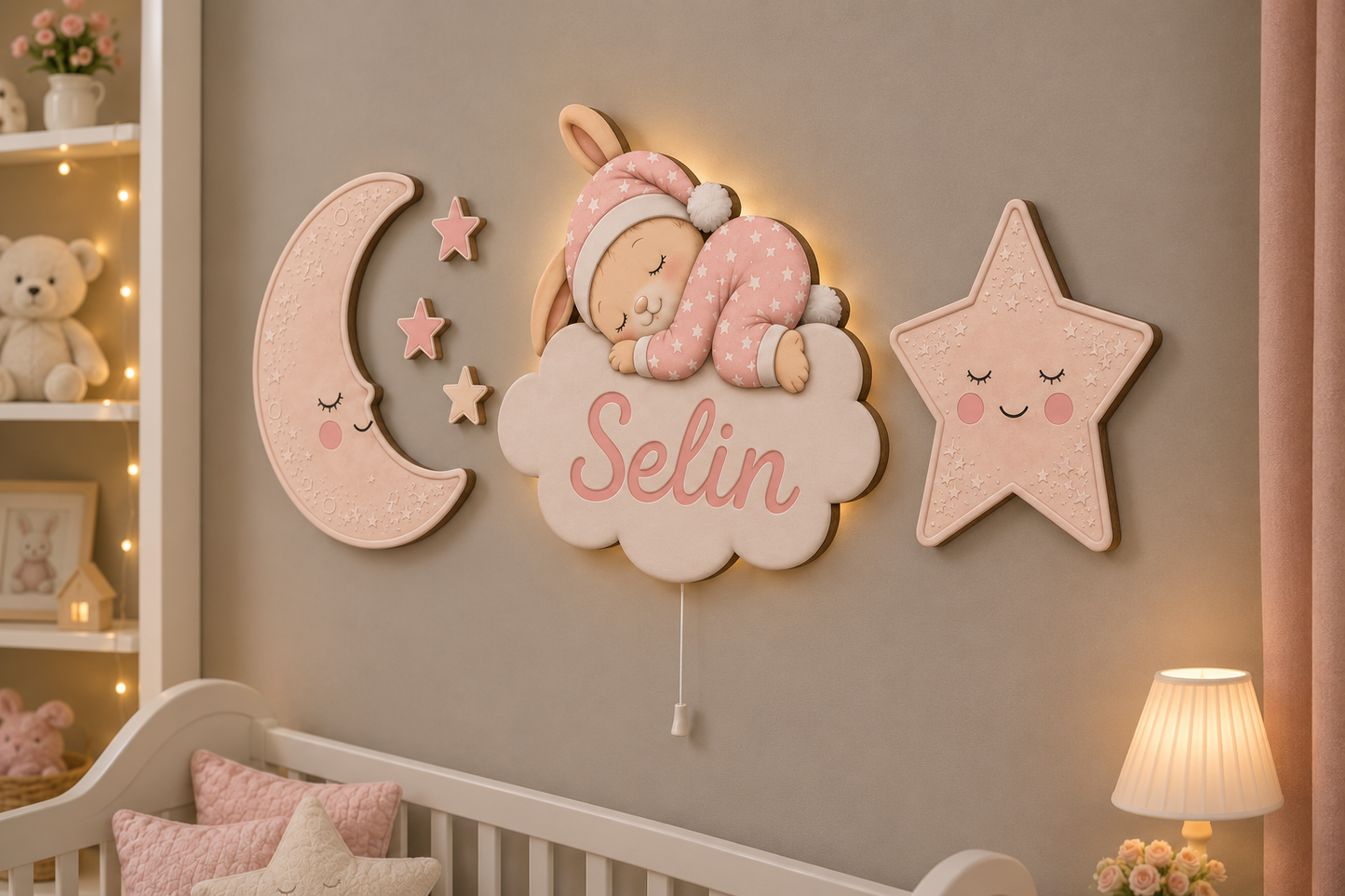 Kişiye Özel İsimli Uyuyan Tavşan 6'lı LED Ahşap Gece Lambası Seti