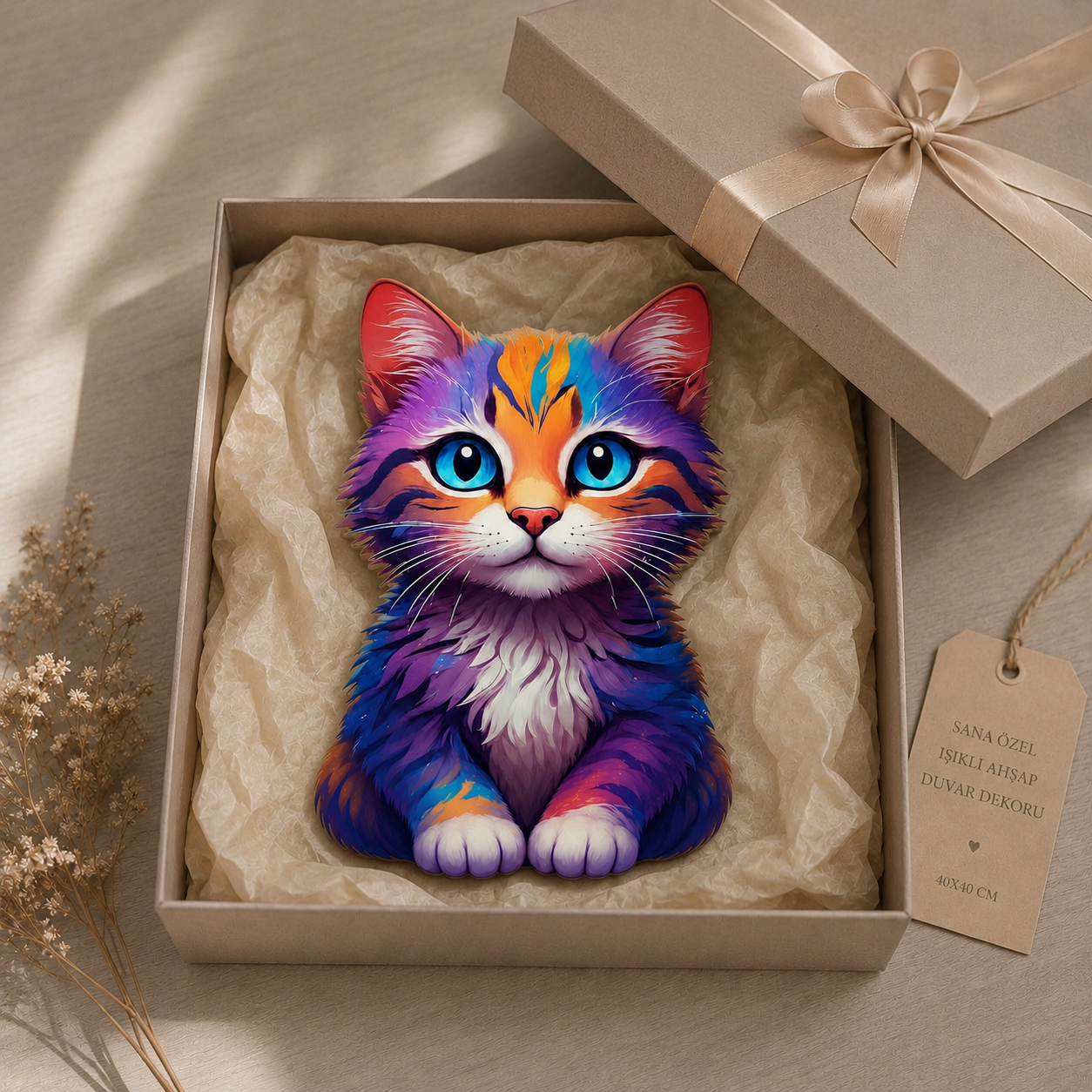 Renkli Kedi  LED Ahşap Gece Lambası