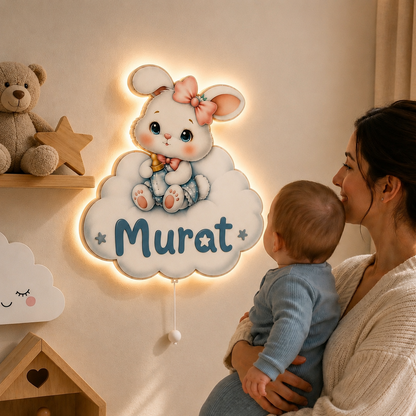 Kişiye Özel İsimli Bulutlu Tavşan LED Ahşap Gece Lambası