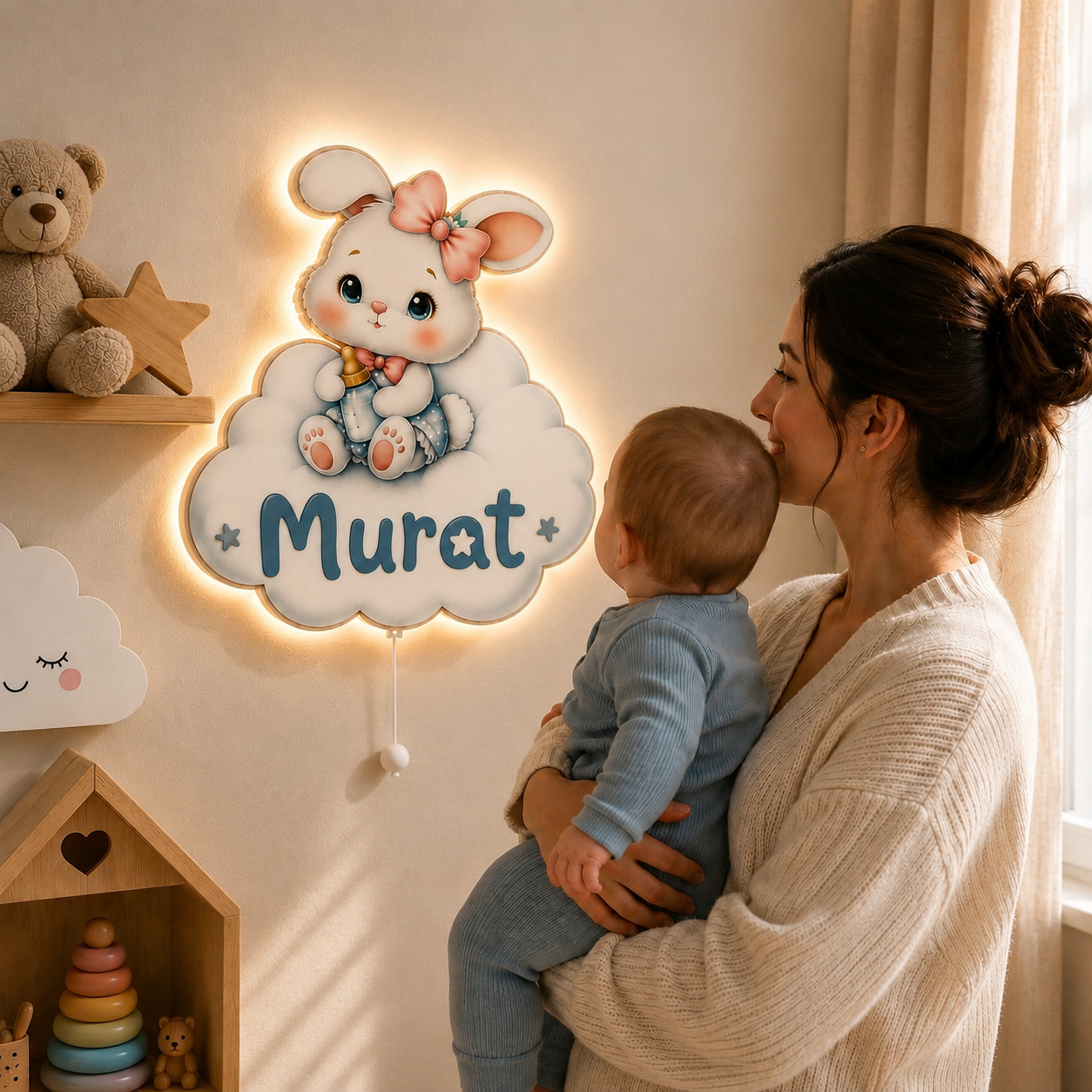 Kişiye Özel İsimli Bulutlu Tavşan LED Ahşap Gece Lambası