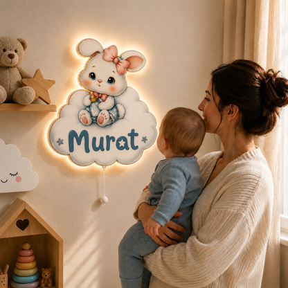 Kişiye Özel İsimli Bulutlu Tavşan LED Ahşap Gece Lambası