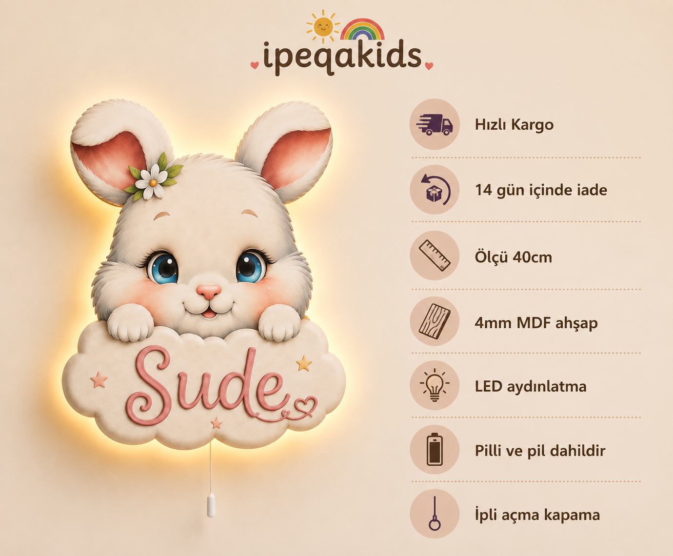 Kişiye Özel İsimli Tavşan LED Ahşap Gece Lambası