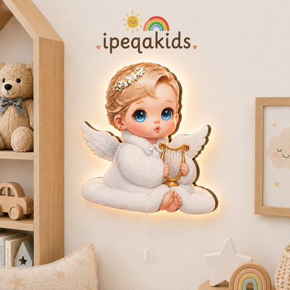 Bebek Melek Pilli Led Işıklı Bebek Odası Ahşap Duvar Dekoru - Gece Lambası