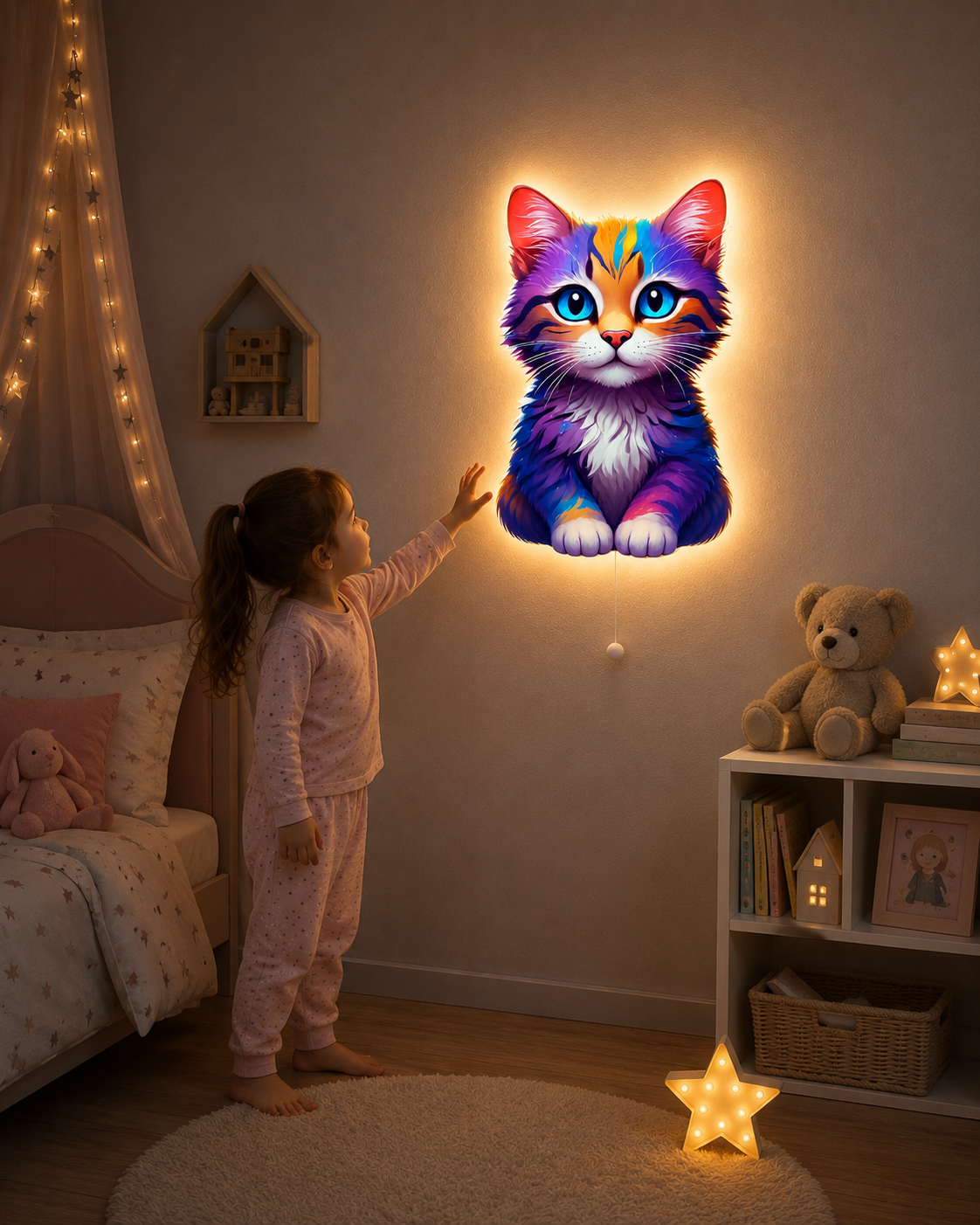 Renkli Kedi  LED Ahşap Gece Lambası