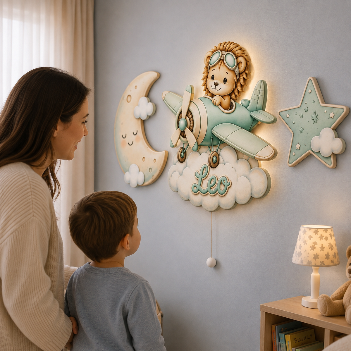 Kişiye Özel İsimli Aslan Uçak  3’lü LED Ahşap Gece Lambası