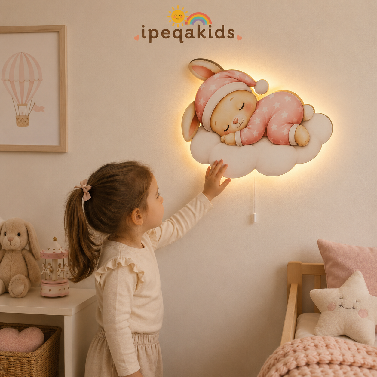 Uyuyan Pembe Tavşan Led Işıklı Bebek Odası Ahşap Duvar Dekoru - Gece Lambası