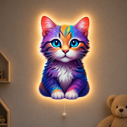 Renkli Kedi  LED Ahşap Gece Lambası