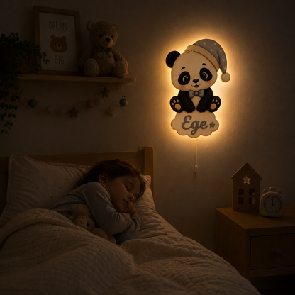 Kişiye Özel İsimli Panda LED Ahşap Gece Lambası
