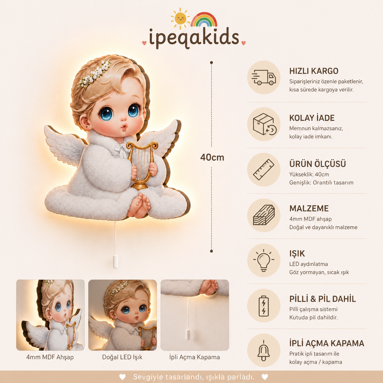 Bebek Melek Pilli Led Işıklı Bebek Odası Ahşap Duvar Dekoru - Gece Lambası