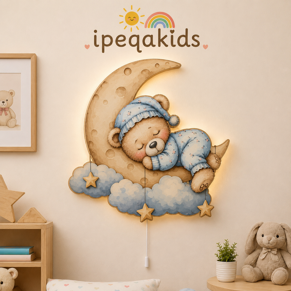 Uyuyan Ayıcık Pilli LED Işıklı Bebek Odası Ahşap Duvar Dekoru - Gece Lambası - Görsel 1