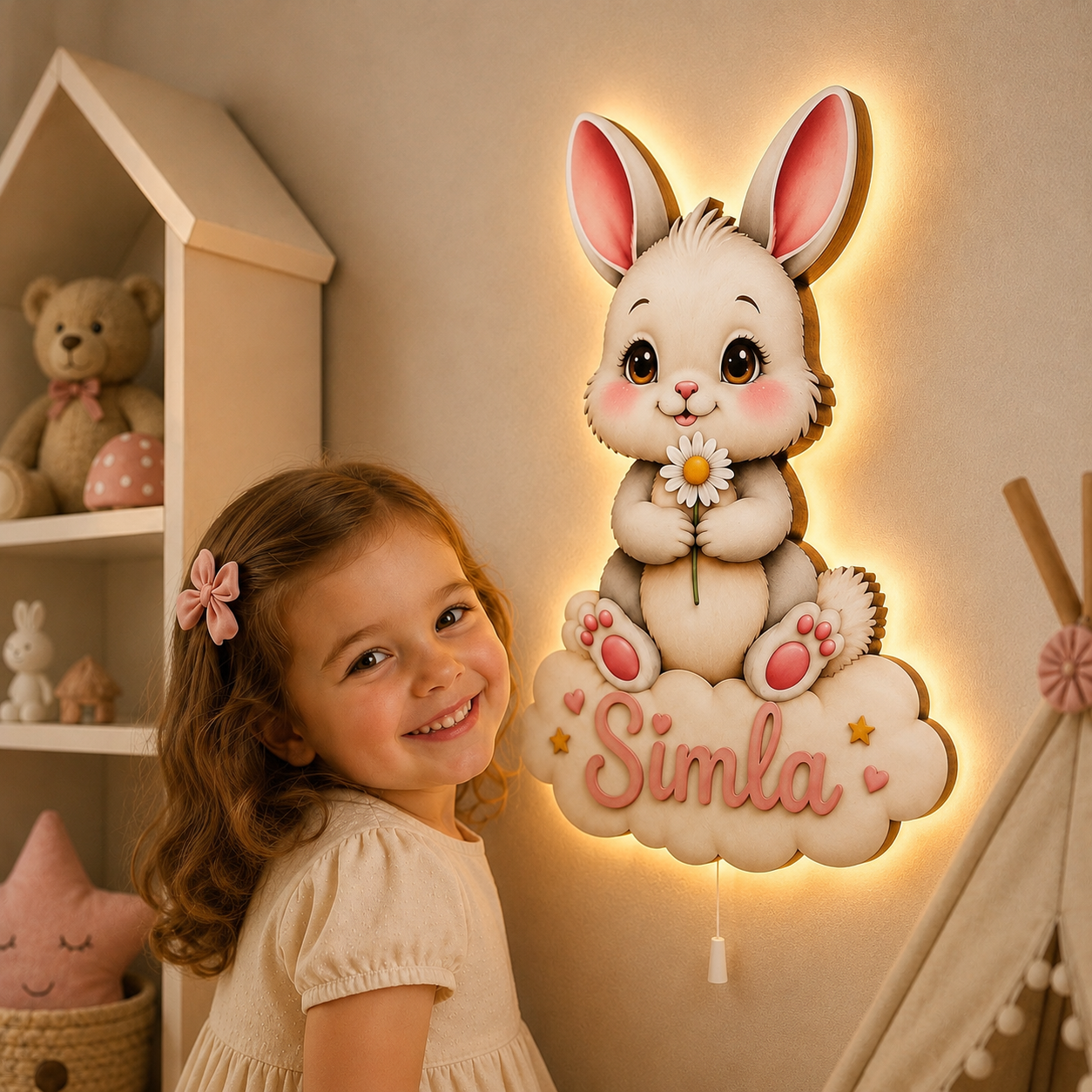 Kişiye Özel İsimli Bulutlu Tavşan LED Ahşap Gece Lambası