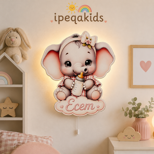 İsimli Fil Pilli Led Işıklı Bebek Odası Ahşap Duvar Dekoru - Gece Lambası