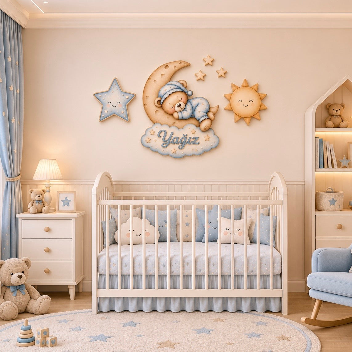 Kişiye Özel İsimli Mavi Uyuyan Ayıcık 6'lı LED Ahşap Gece Lambası Seti