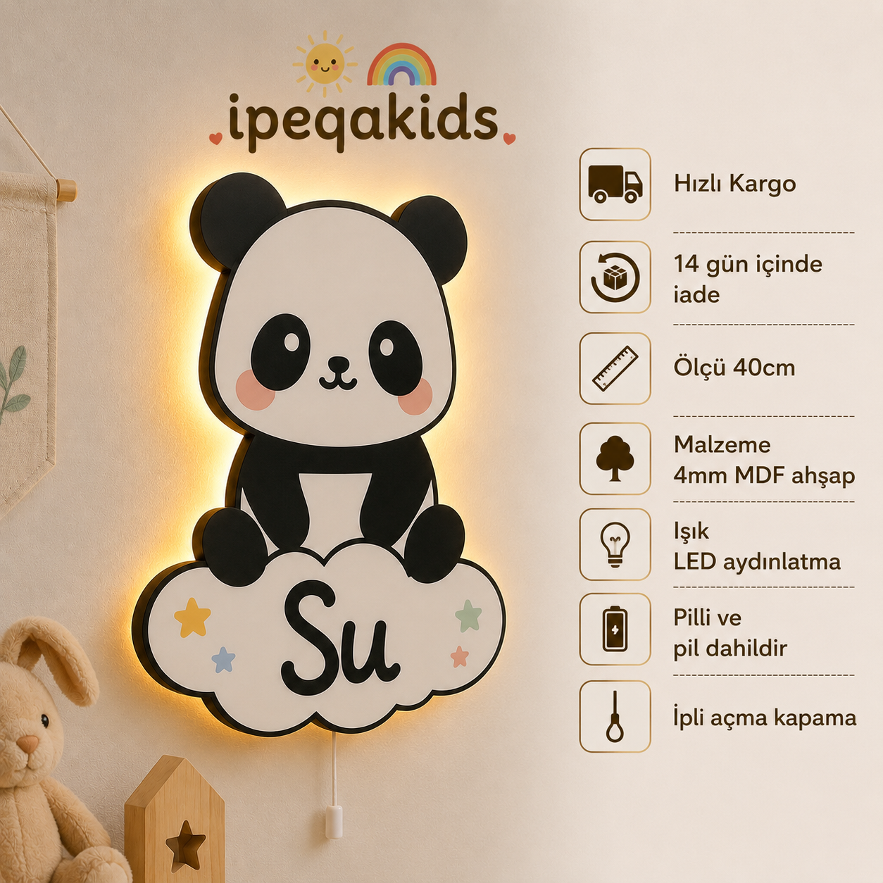 Kişiye Özel İsimli Panda LED Ahşap Gece Lambası