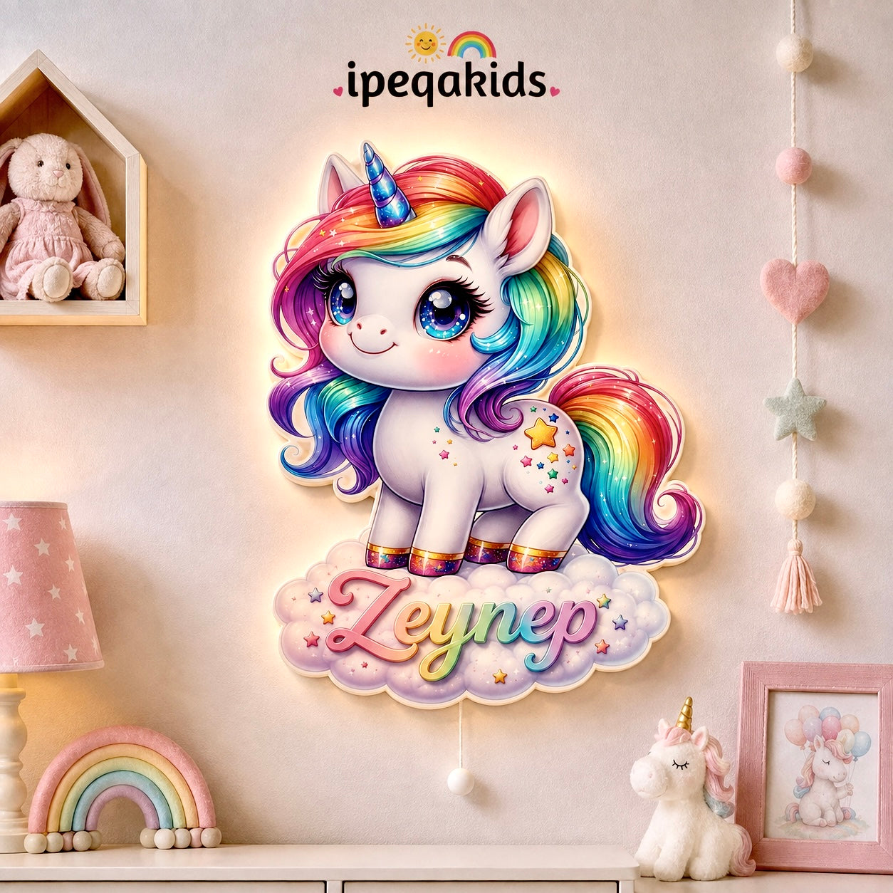Kişiye Özel İsimli Bulutlu Unicorn LED Ahşap Gece Lambası