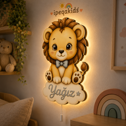 Kişiye Özel İsimli Aslan LED Ahşap Gece Lambası