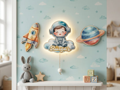 Kişiye Özel İsimli Astronot 3’lü LED Ahşap Gece Lambası