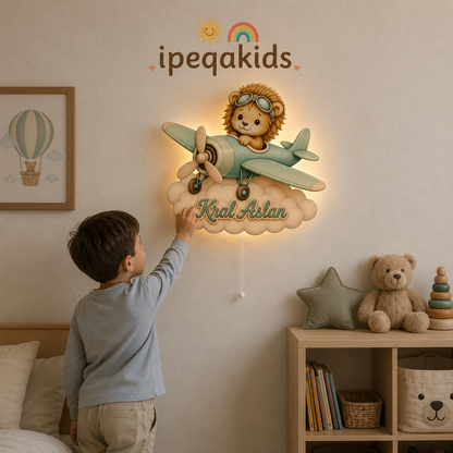 Kişiye Özel İsimli Aslan Uçak LED Ahşap Gece Lambası - Görsel 3
