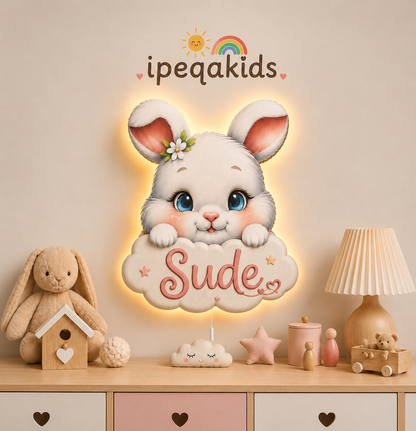 Kişiye Özel İsimli Tavşan LED Ahşap Gece Lambası