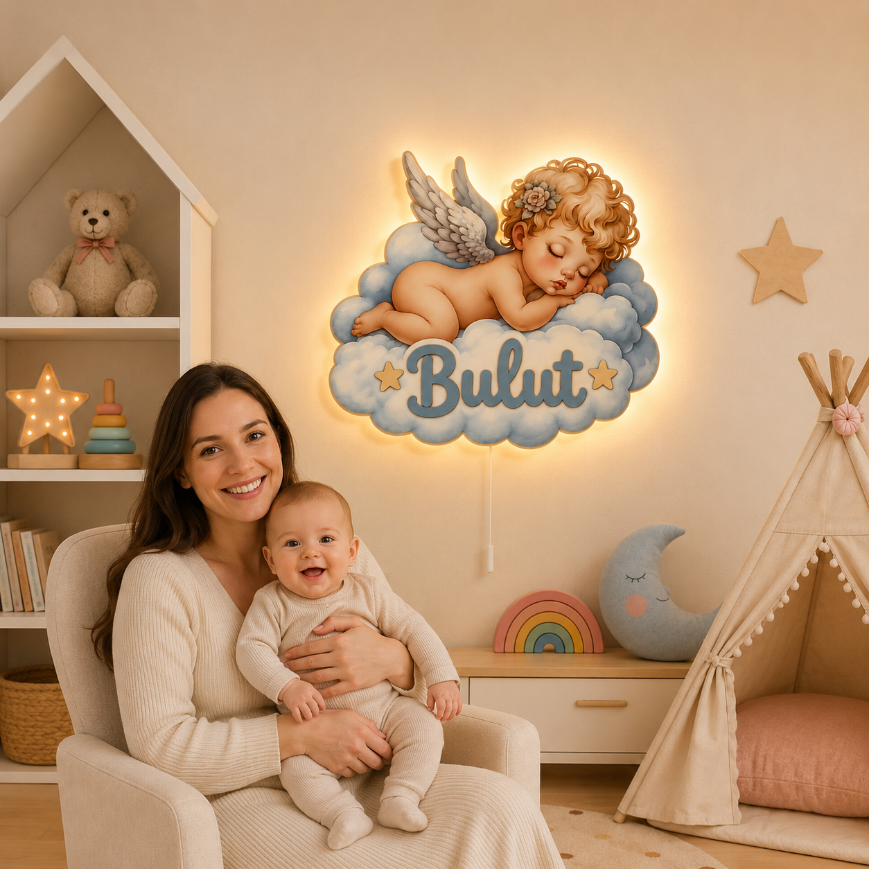 Kişiye Özel İsimli Bulutlu Bebek Melek LED Ahşap Gece Lambası
