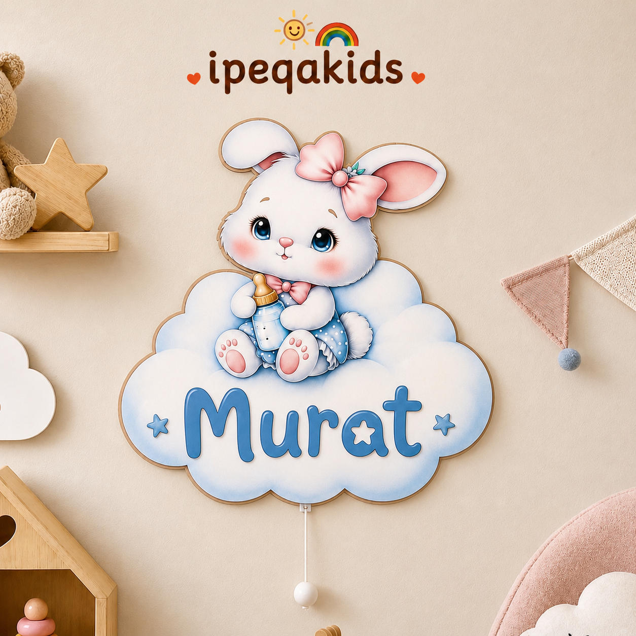 Kişiye Özel İsimli Bulutlu Tavşan LED Ahşap Gece Lambası