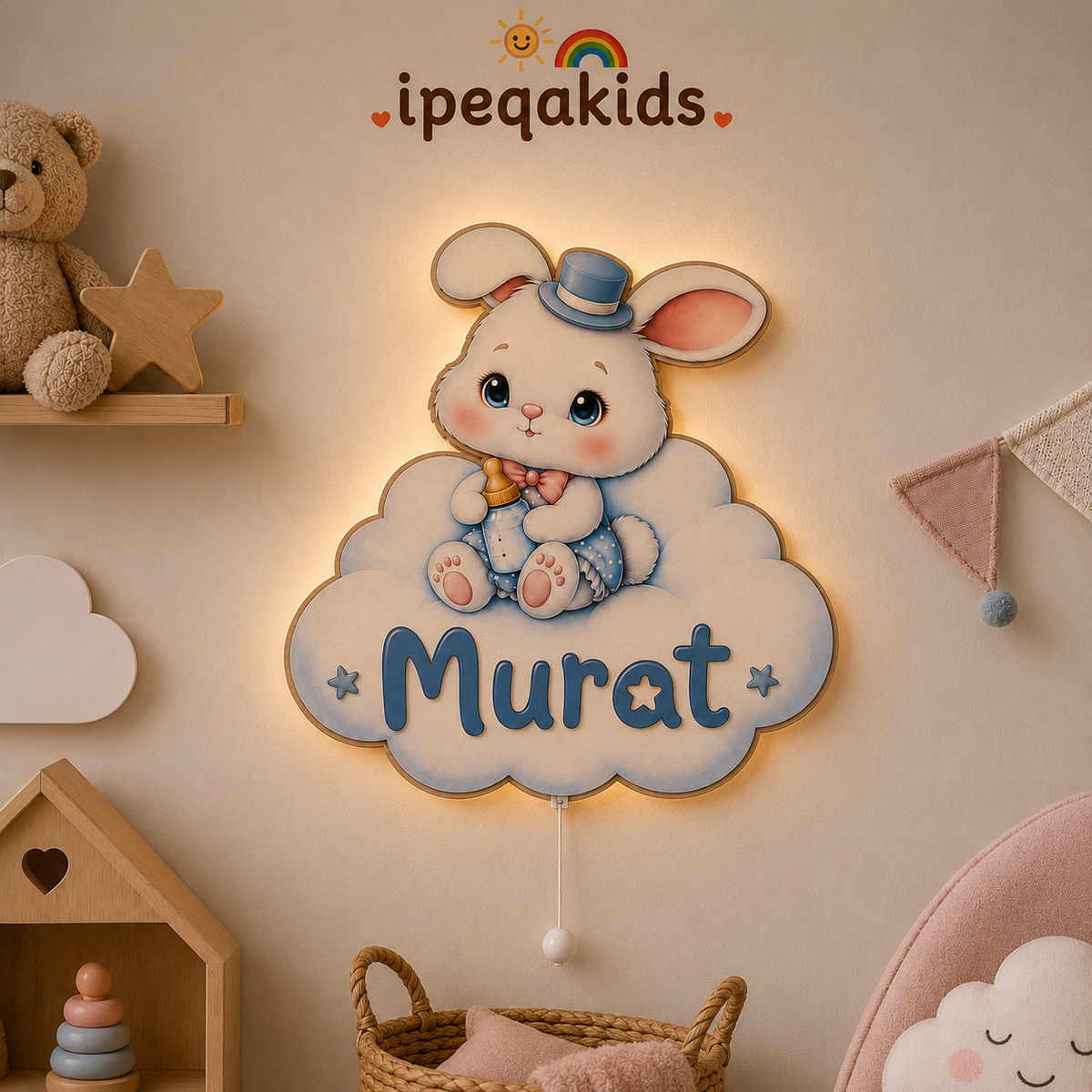 Kişiye Özel İsimli Bulutlu Tavşan LED Ahşap Gece Lambası