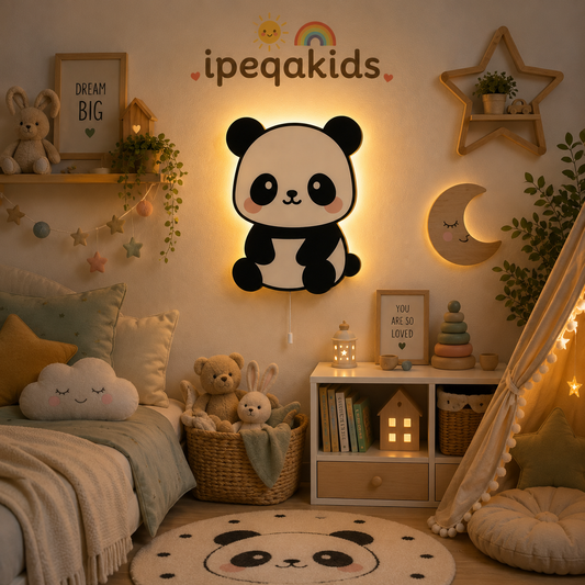 Panda Pilli Led Işıklı Ahşap Duvar Dekoru