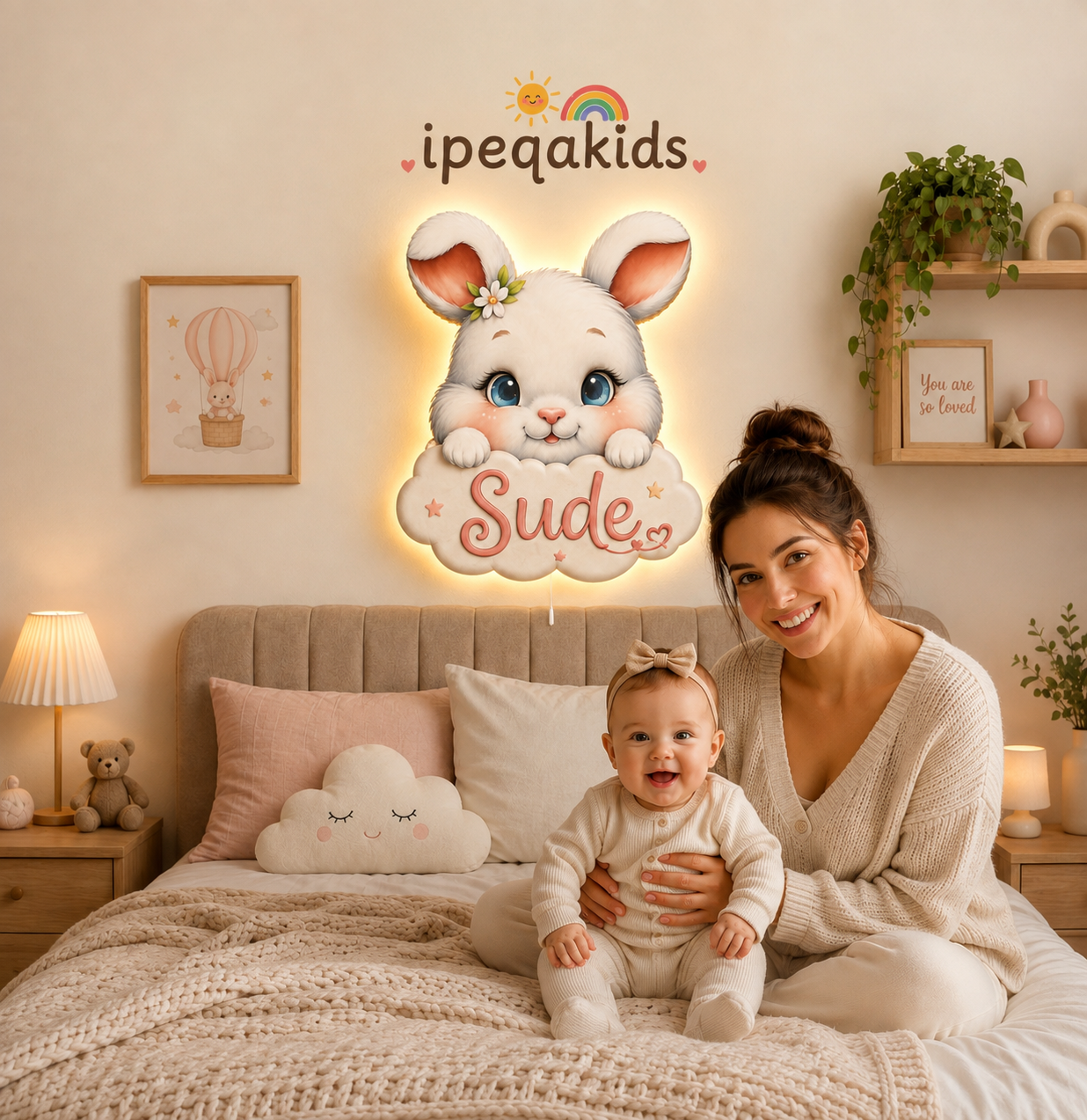 Kişiye Özel İsimli Tavşan LED Ahşap Gece Lambası